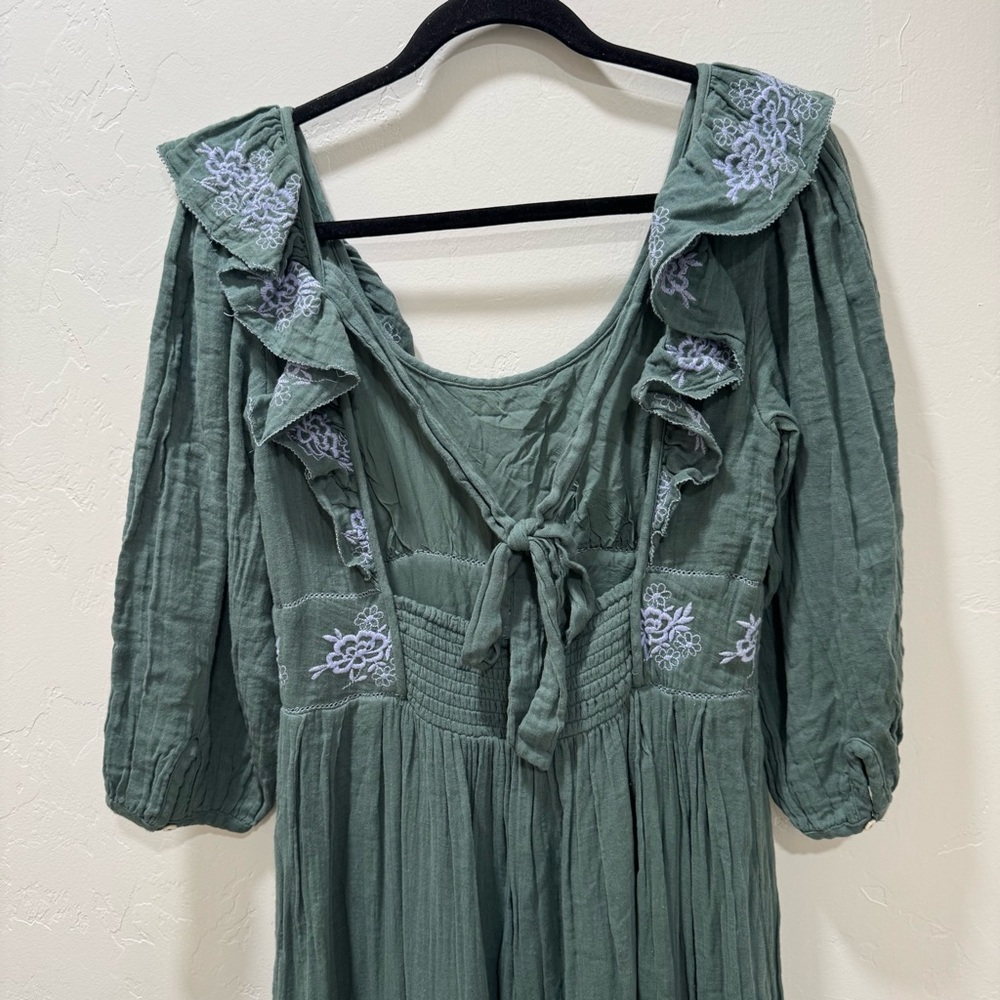 NWT Free People Lovers Lane Maxi Dress Green Blue Embroidered Ruffle Medium - Picture 7 of 13